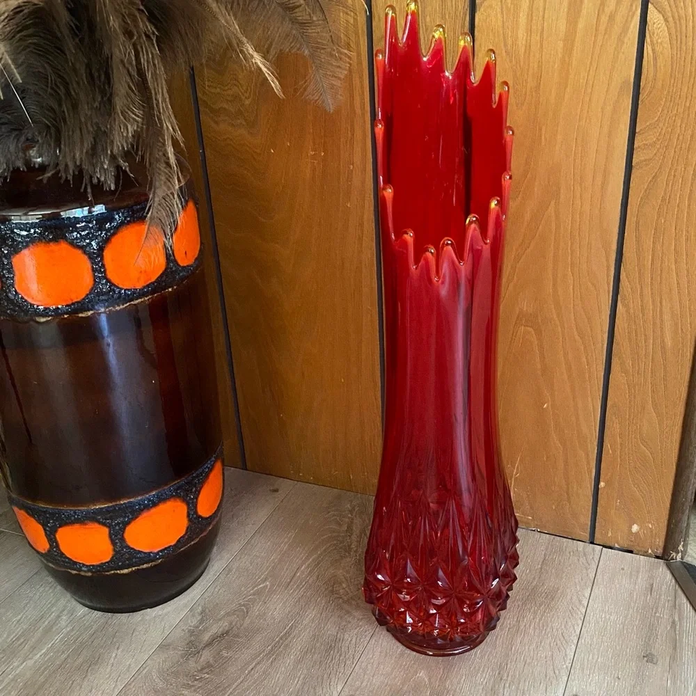 Vintage‎ LE smith red amberina swung vase cadmium glowing glass diamond MCM rare - Picture 4 of 7